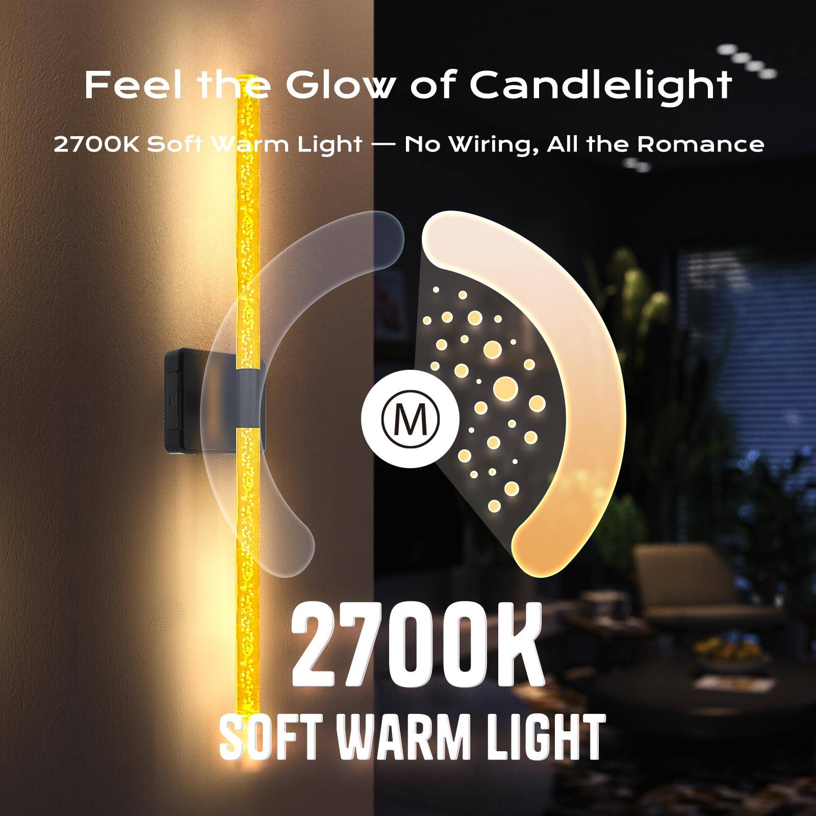 Feel the Glow of Candlelight  
2700K Soft Warm Light — No Wiring, All the Romance  

2700K  
SOFT WARM LIGHT