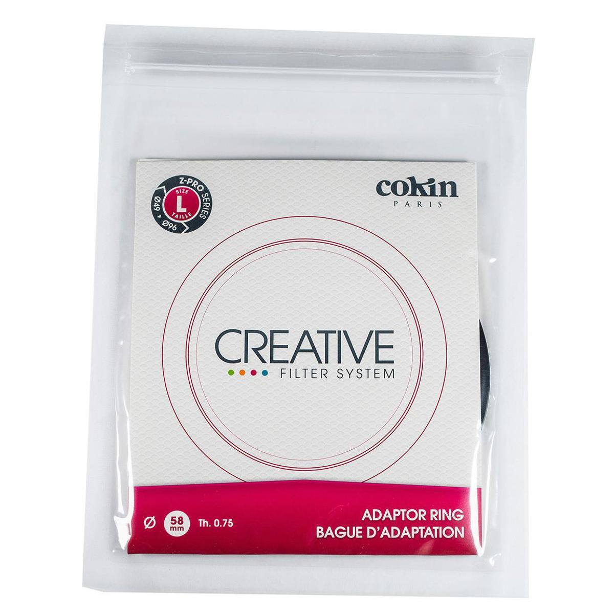 SIZE Z-PRO 49 L SERIES  
TAILLE 096  
cokin PARIS  
CREATIVE FILTER SYSTEM  
58 mm  
Th. 0.75  
ADAPTOR RING  
BAGUE D'ADAPTATION