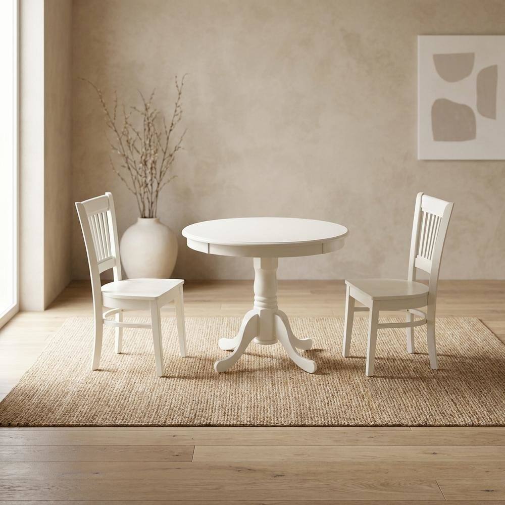Alt View 3. FurniFact - Solid Wood Round Kitchen Table & Chairs 3-Piece Dining Set - Linen White.