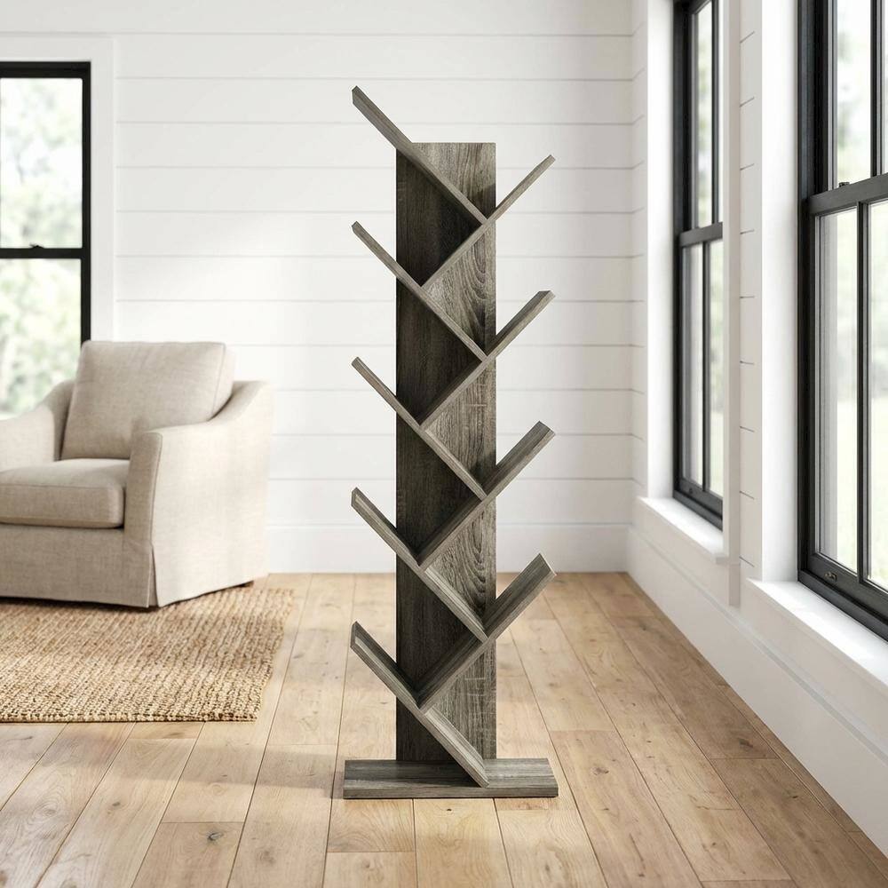 Angle. FurniFact - Grey Oak 9-Tier Floor Standing Bookcase with Sturdy Wood Construction - Grey Oak.