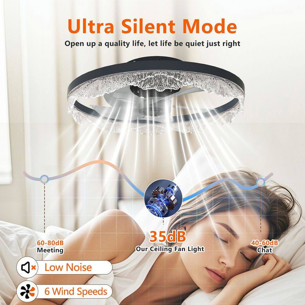 Ultra Silent Mode  
Open up a quality life, let life be quiet just right  

35dB  
Our Ceiling Fan Light  

60-80dB  
Meeting  

40-60dB  
Chat  

Low Noise  
6 Wind Speeds
