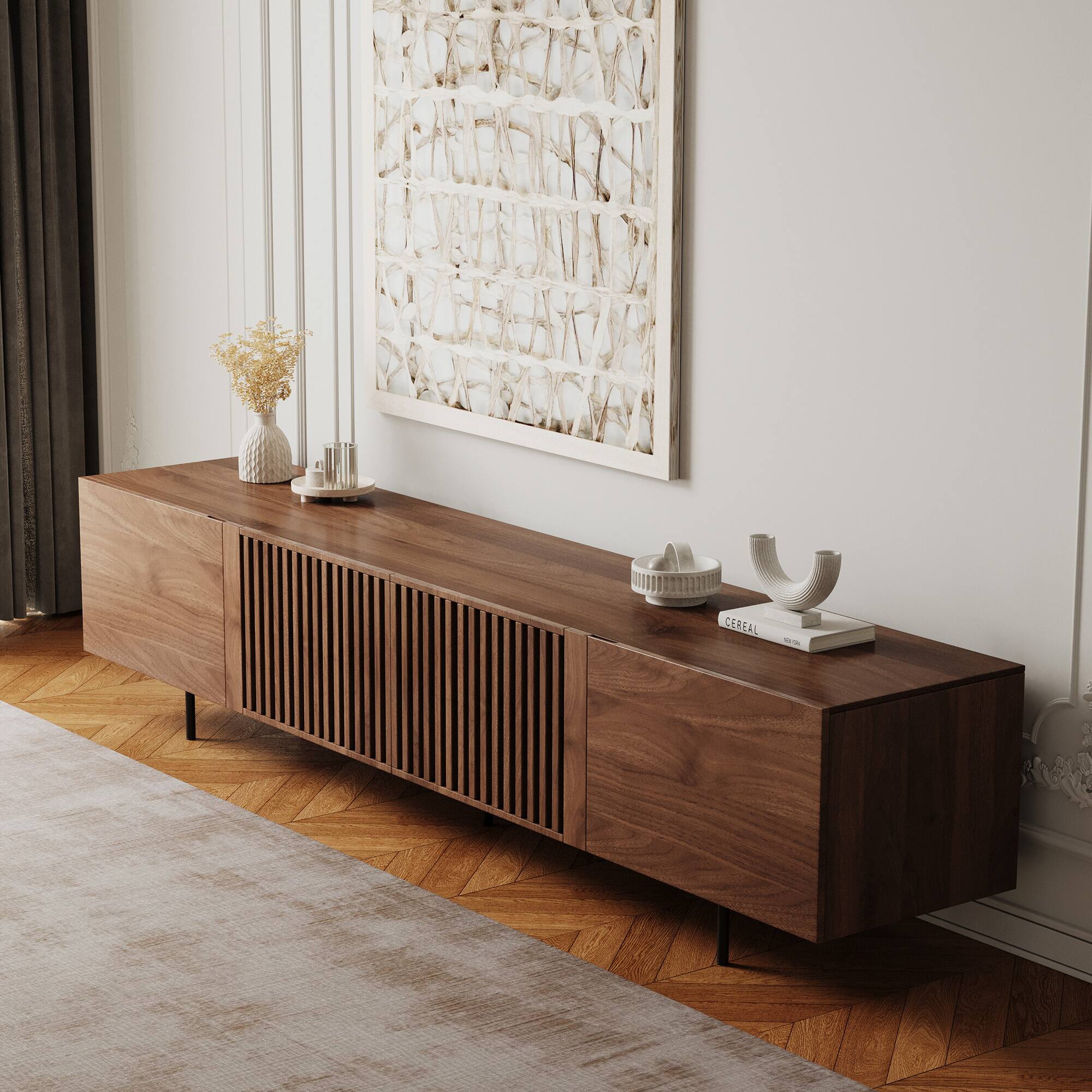 Angle. luck idea - 94.48" Walnut Grain TV Stand (Oversized) | Living Room Entertainment Center - Open Storage + Cable Organization - Walnut Color A.