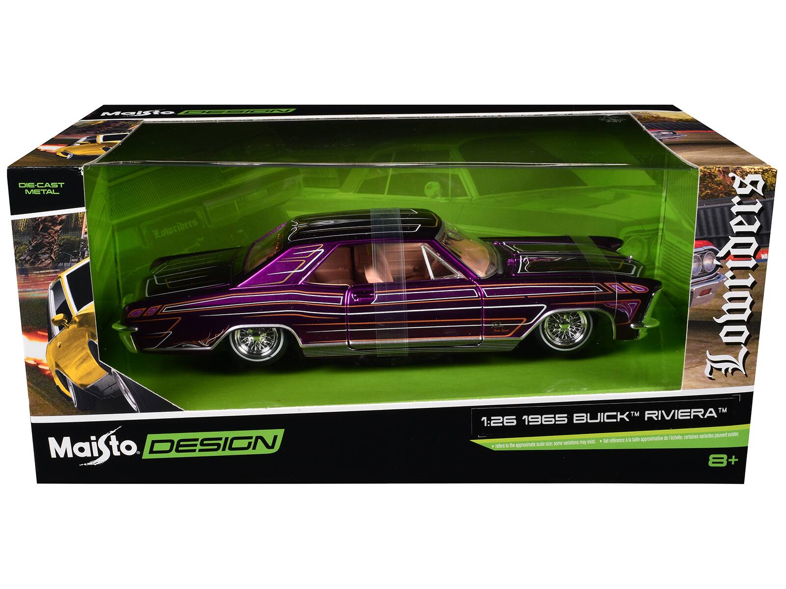 Mebte LTN DIE-CAST METAL Lowriders Maisto.  
DESIGN 1 Lowriders TM 1:26 1965 BUICK RIVIERA  
1:26  
8+
