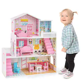 Costway - Kids Wooden Dollhouse Playset with 5 Simulated Rooms & 10 Pieces of Furniture - Pink