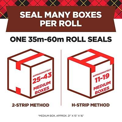 SEAL MANY BOXES PER ROLL

ONE 35m-60m ROLL SEALS

25-43 APPROXIMATELY MEDIUM BOXES 2-STRIP METHOD

11-19 APPROXIMATELY MEDIUM BOXES H-STRIP METHOD

*MEDIUM BOX, APPROX. 21" X 15" X 16"