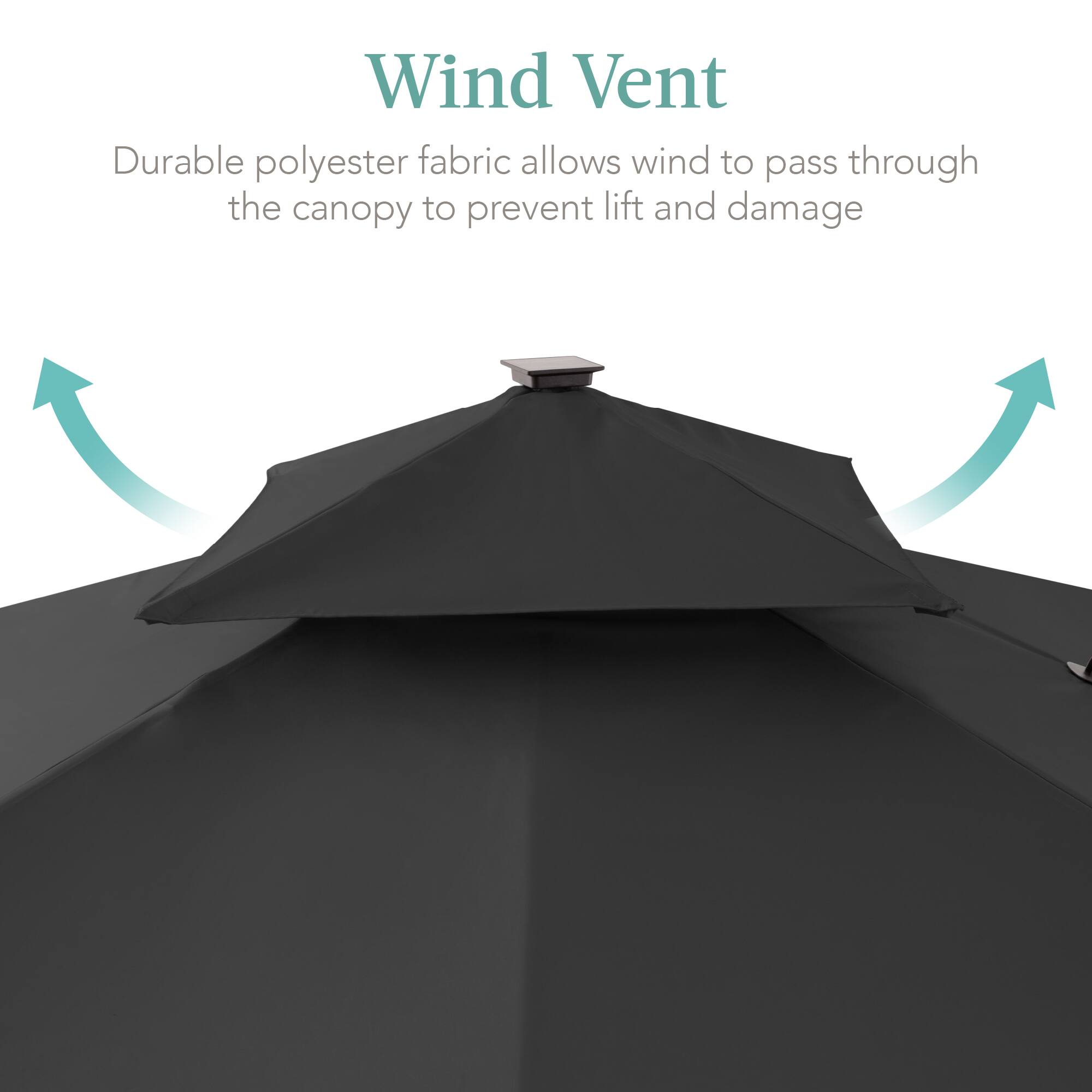 Wind Vent  
Durable polyester fabric allows wind to pass through the canopy to prevent lift and damage