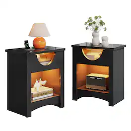 Bestier - Nightstands with Charging Station, Modern LED End Table Bedside Table with Drawer for Bedroom, Living Room - Glossy Black - Set of 2
