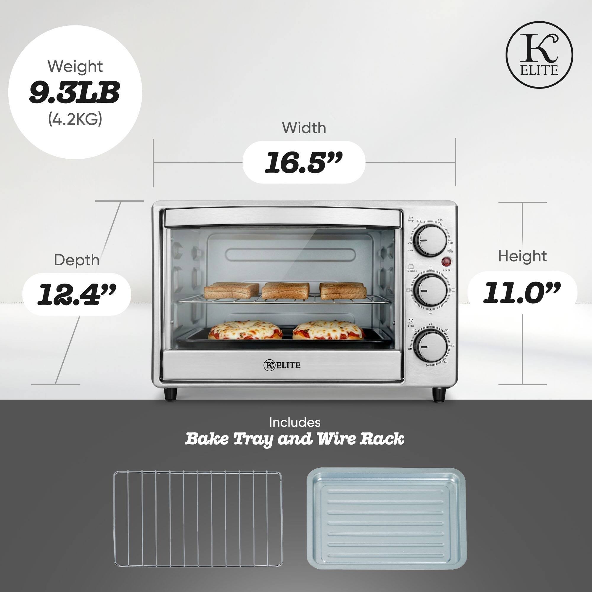 Weight 9.3LB (4.2KG)  
Width 16.5"  
Depth 12.4"  
Height 11.0"  
Includes Bake Tray and Wire Rack