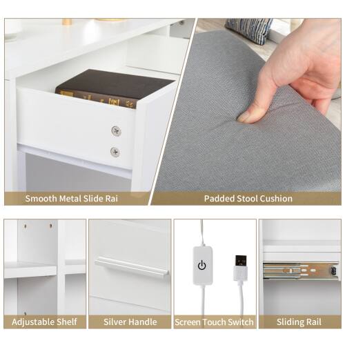 Smooth Metal Slide Rail  
Padded Stool Cushion  
Adjustable Shelf  
Silver Handle  
Screen Touch Switch  
Sliding Rail