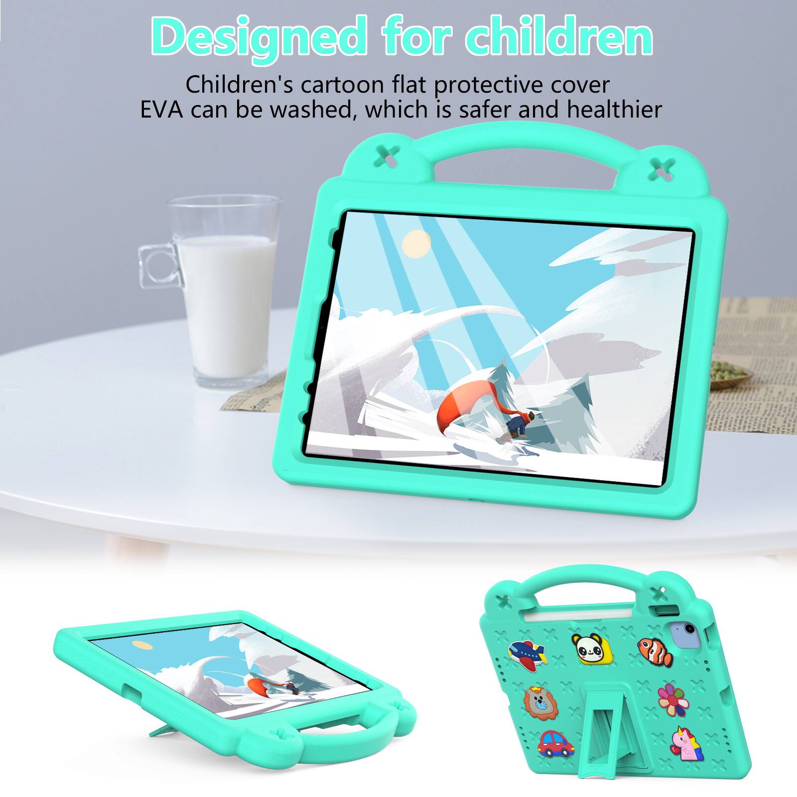 Designed for children  
Children's cartoon flat protective cover EVA can be washed, which is safer and healthier.