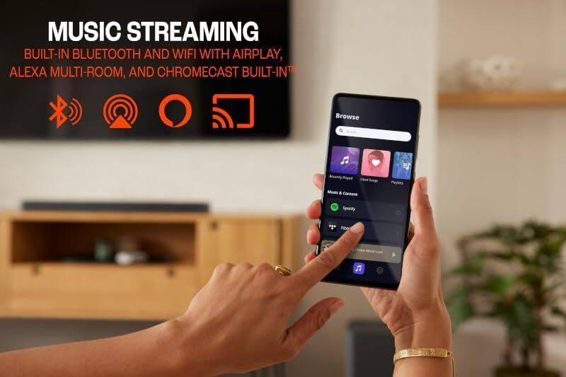 MUSIC STREAMING  
BUILT-IN BLUETOOTH AND WIFI WITH AIRPLAY, ALEXA MULTI-ROOM, AND CHROMECAST BUILT-IN