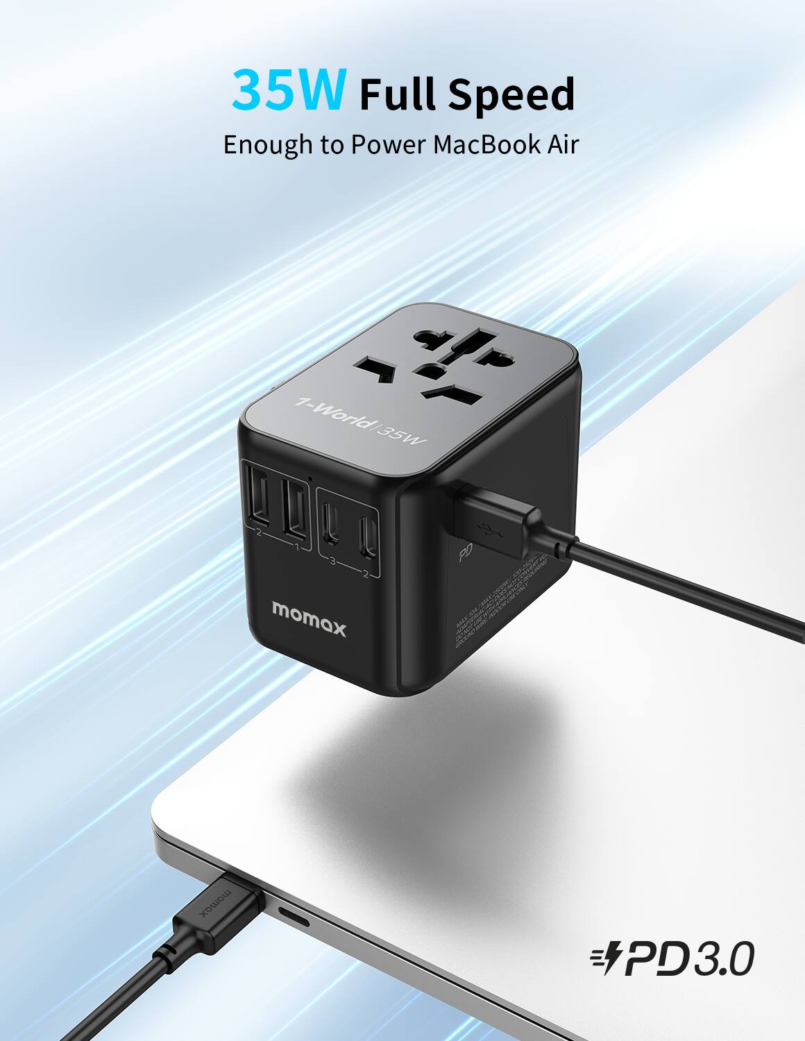 The text on the image is grouped and corrected as follows:

"35W Full Speed Enough to Power MacBook Air  1-World 35W iMomax PD3.0"