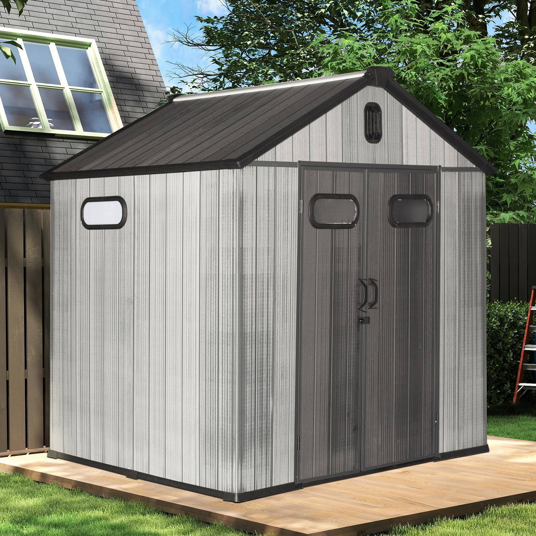 Angle. Mondawe - 8x8FT Resin Storage Shed, Heavy-Duty Waterproof Garden Tool Shed - Grey.