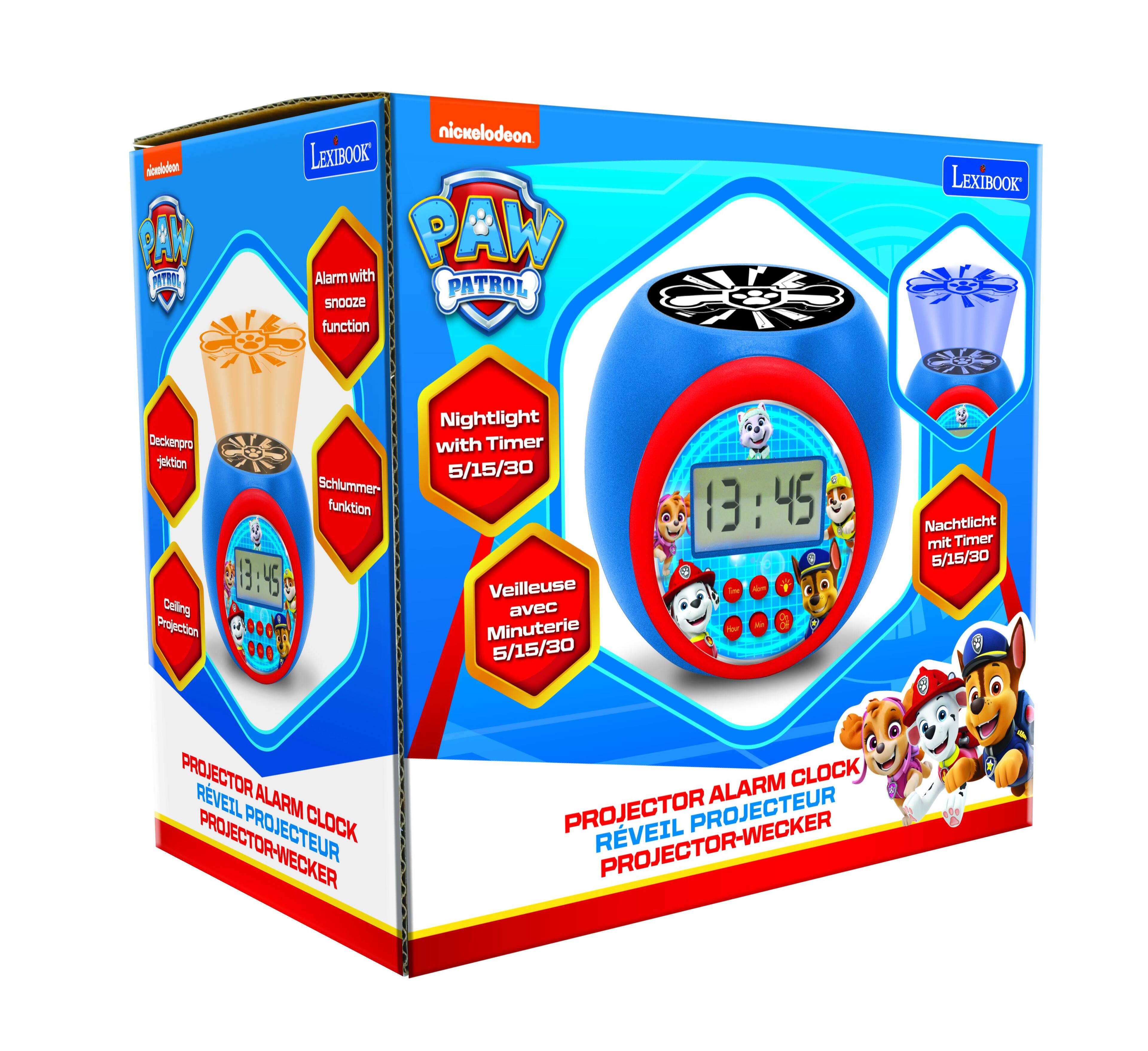 nickelodeon LEXIBOOK PAW Alarm with snooze function LEXIBOOK Deckenprojection Caling Projection Schlummer-funktion 13:45 45 0 + .0 ... Nightlight with Timer 5/15/30 Veilleuse avec Minuterie 5/15/30 13:45 13 : 45 Loe - rou Nachtlicht mit Timer 5/15/30 PROJECTOR RVEIL ALARM PROJECTEUR CLOCK ALARM CLOCK PROJECTOR RVEIL PROJECTEUR PROJECTOR-WECKER