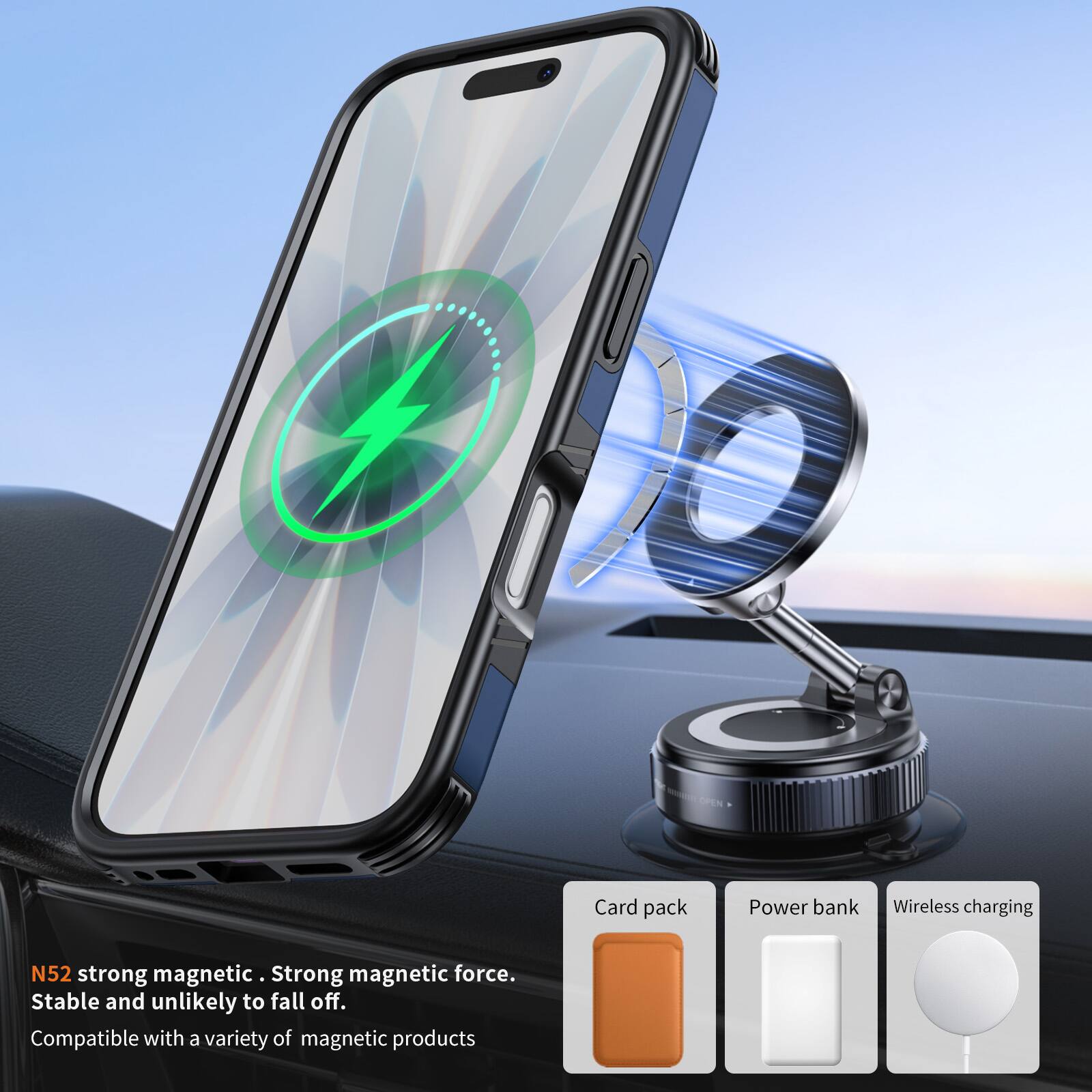 OPEN

Card pack  
Power bank  
Wireless charging  

N52 strong magnetic. Strong magnetic force. Stable and unlikely to fall off. Compatible with a variety of magnetic products