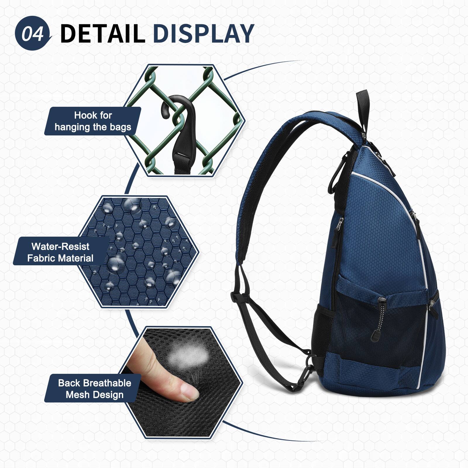 04 DETAIL DISPLAY  
- Hook for hanging the bags  
- Water-Resist Fabric Material  
- Back Breathable Mesh Design