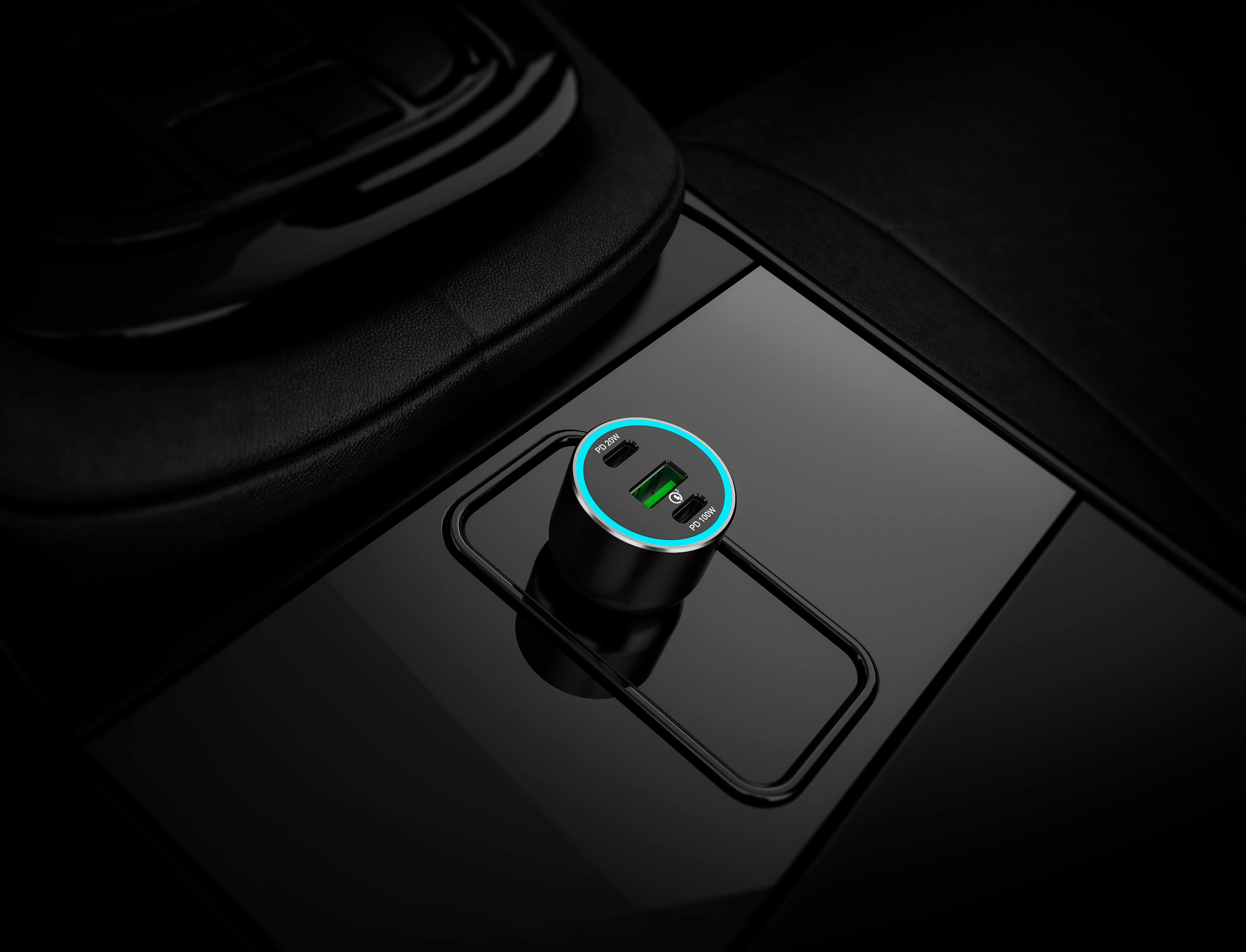 The text on the image reads "PO20W D 100 PO." This text is likely a part of the car's electrical system, and it may indicate the power outlet's capacity or voltage. The text is displayed in a dark background, which emphasizes the importance of the electrical system in the car.
