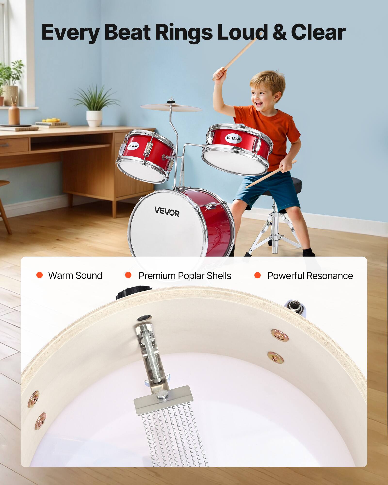 Every Beat Rings Loud & Clear

LEVOR
VEVOR
VEVOR

Warm Sound
Premium Poplar Shells
Powerful Resonance