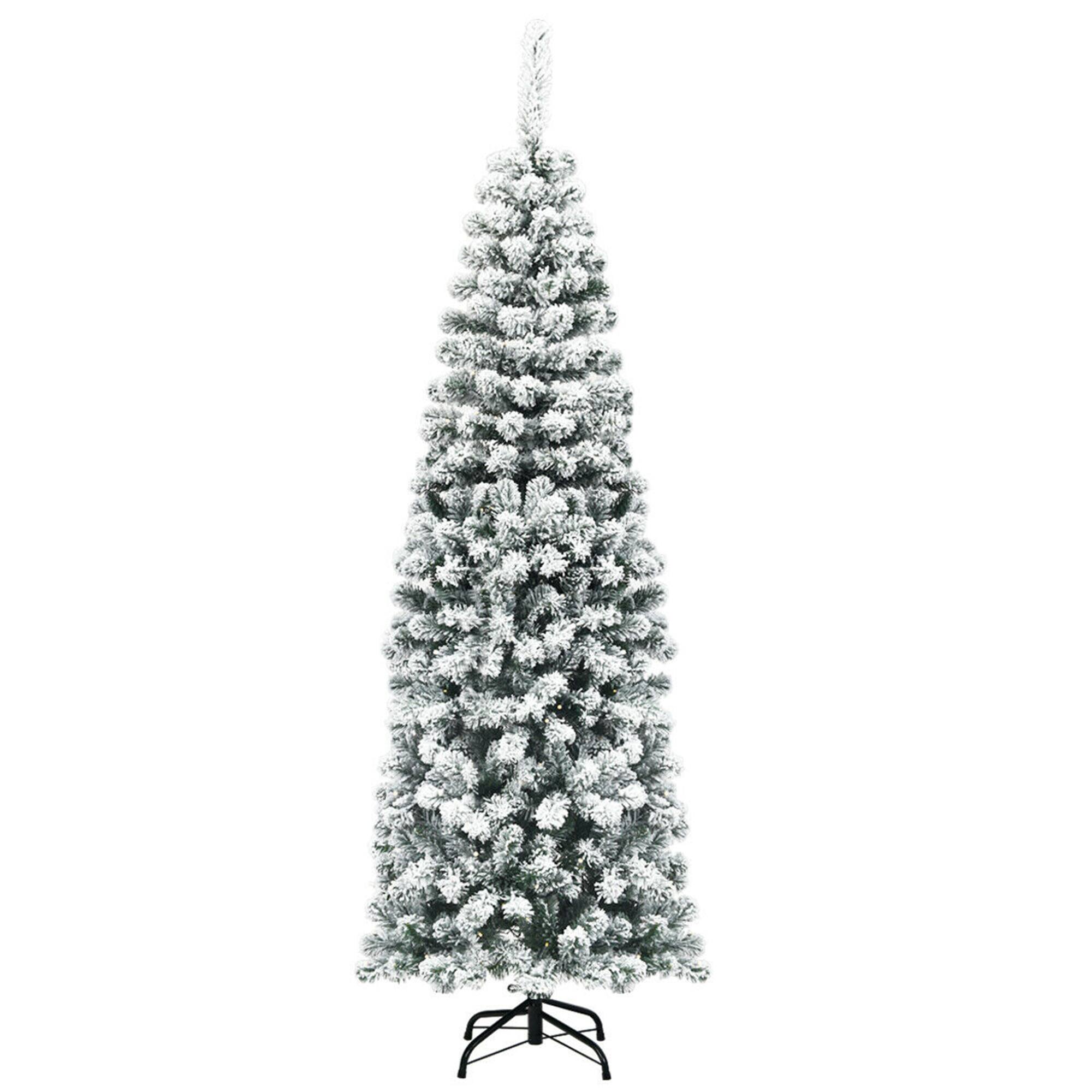 Alt View 5. Gymax - Gymax 6ft Snow Flocked Pencil Christmas Tree Artificial Pine Tree w/ Metal Stand - Green + White.