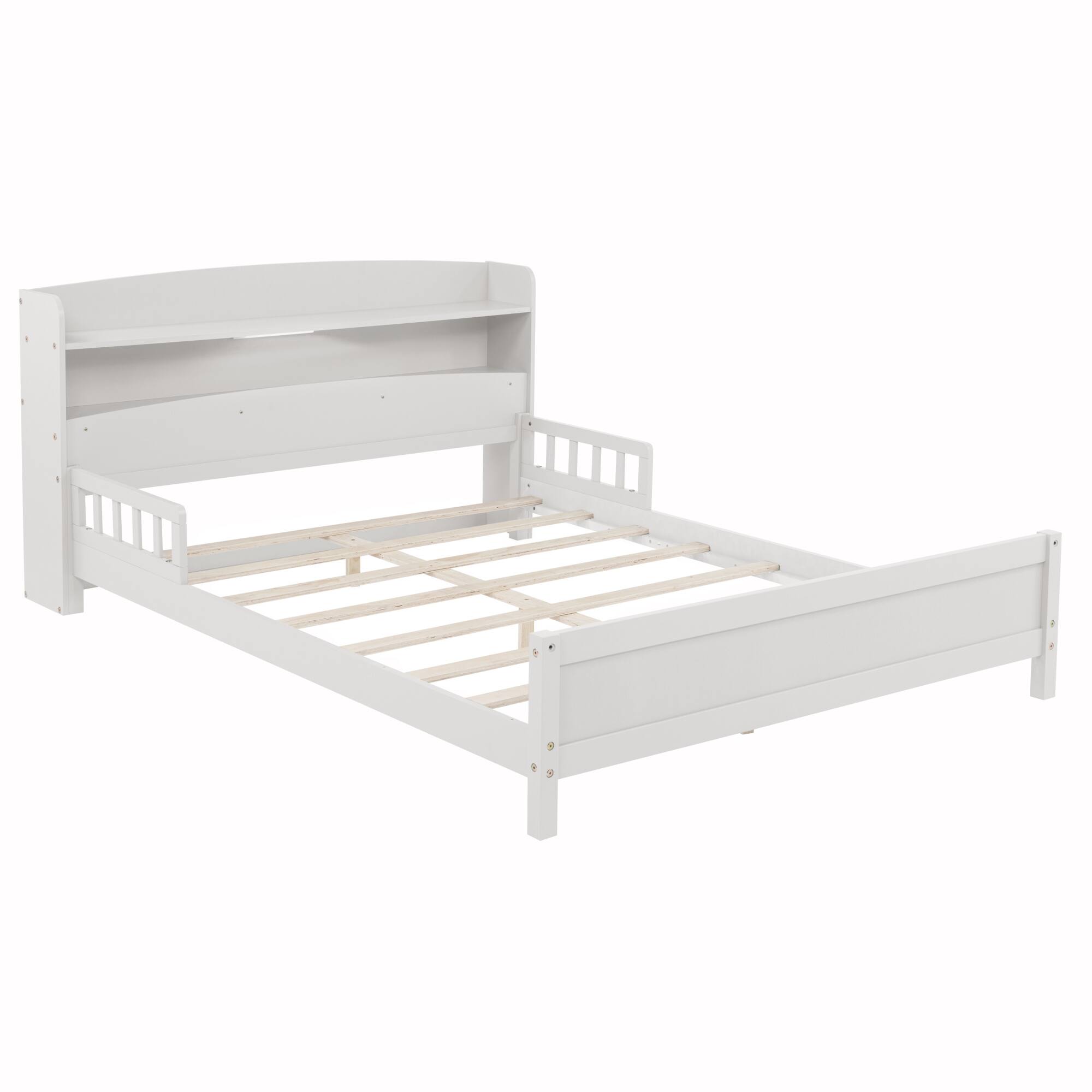 Alt View 5. GOODSILO - Full Size Wooden Bed with Integrated Bookshelf Headboard and LED Motion Sensor Lighting System - White.