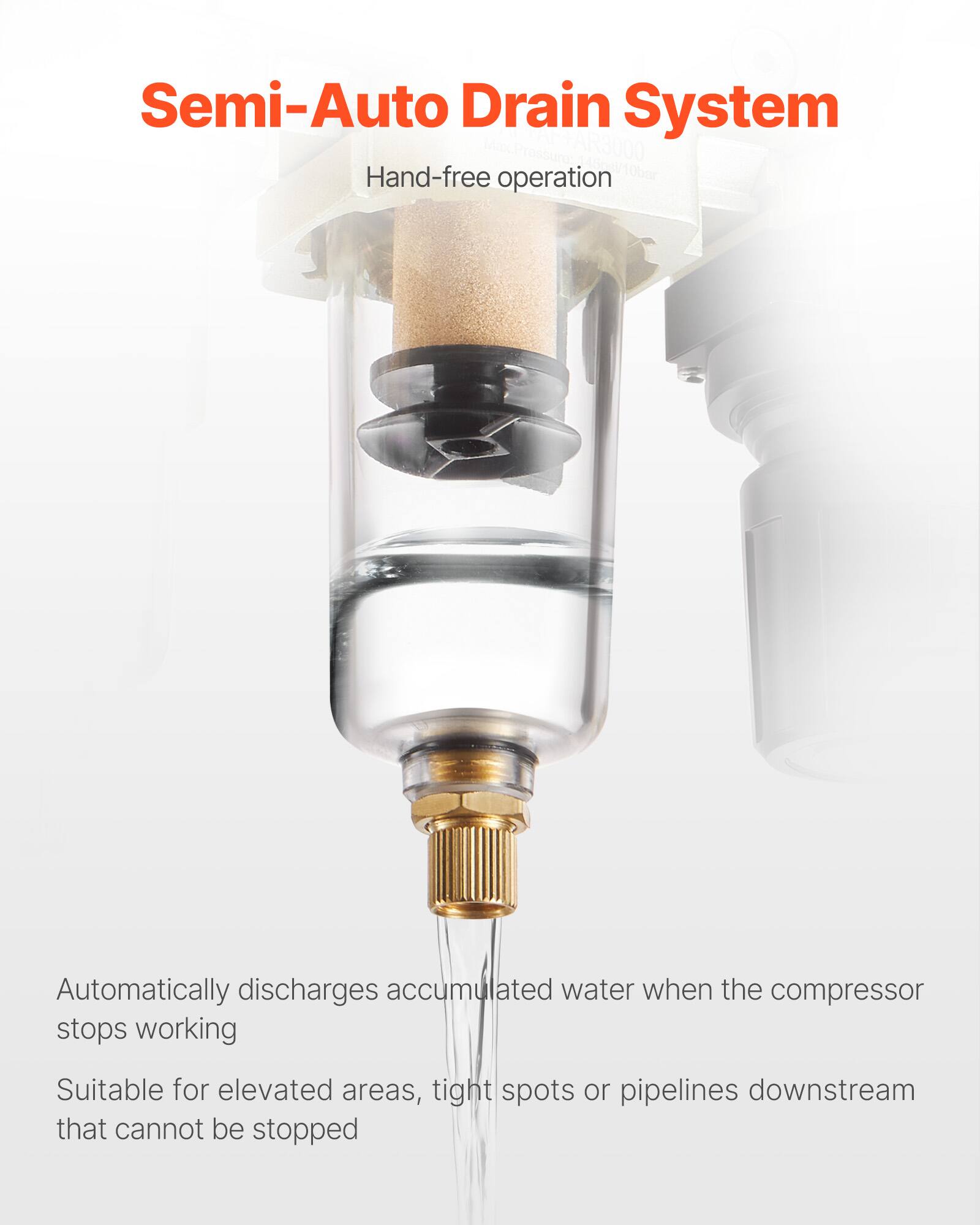 Semi-Auto Drain System  
Hand-free operation  

Automatically discharges accumulated water when the compressor stops working  
Suitable for elevated areas, tight spots or pipelines downstream that cannot be stopped