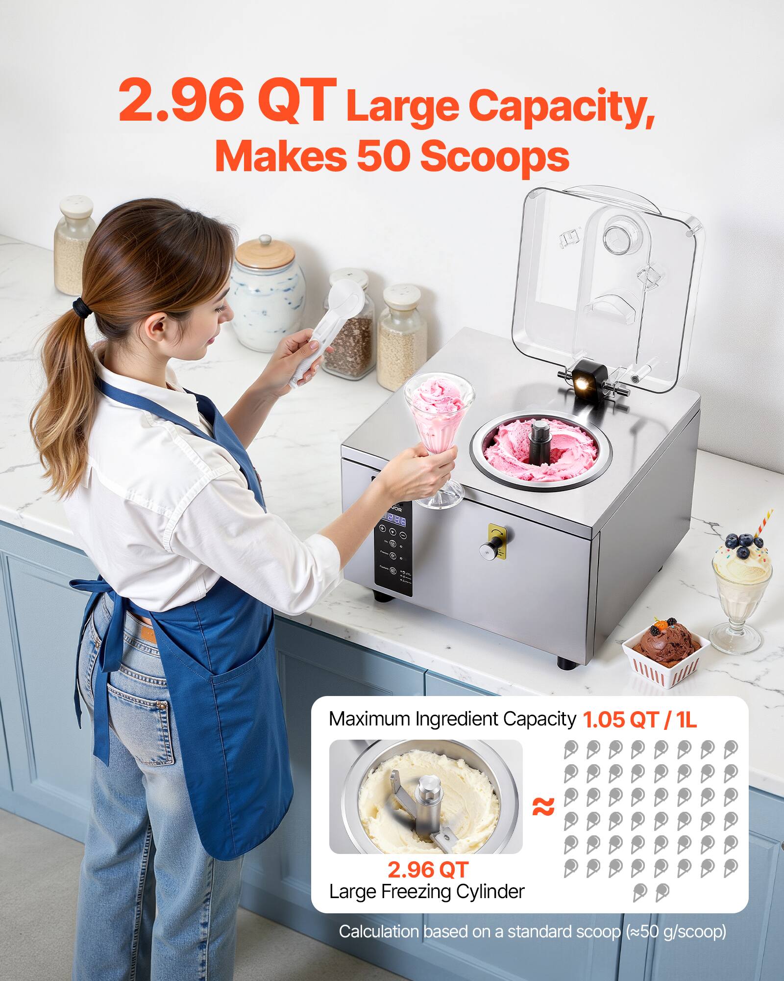 2.96 QT Large Capacity, Makes 50 Scoops

Maximum Ingredient Capacity 1.05 QT/1L

2.96 QT Large Freezing Cylinder

Calculation based on a standard scoop (50 g/scoop)