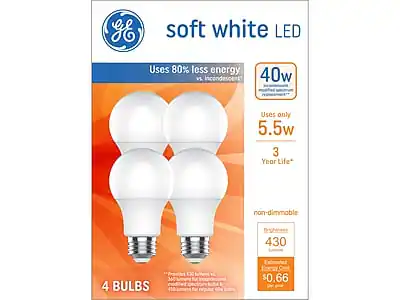 - Soft White LED
- Uses 80% less energy vs. incandescent
- 40w equivalent
- Uses only 5.5w
- 3 Year Life
- Non-dimmable
- Brightness: 430 lumens
- Energy Cost: $0.66 per year
- 4 Bulbs