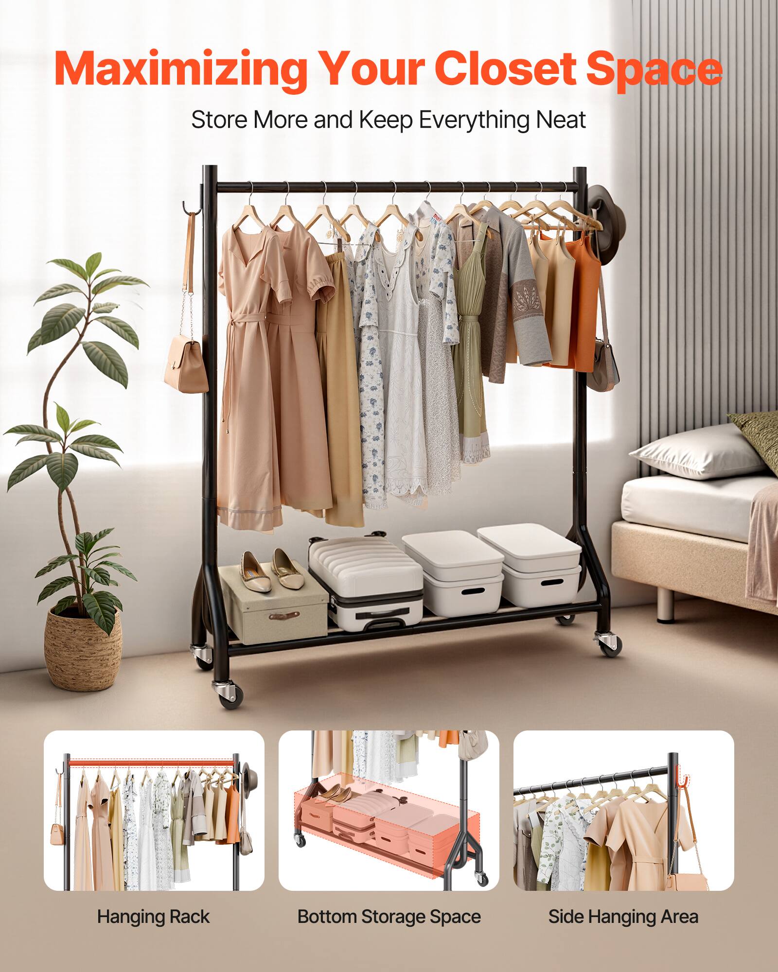 Maximizing Your Closet Space  
Store More and Keep Everything Neat  

- Hanging Rack  
- Bottom Storage Space  
- Side Hanging Area