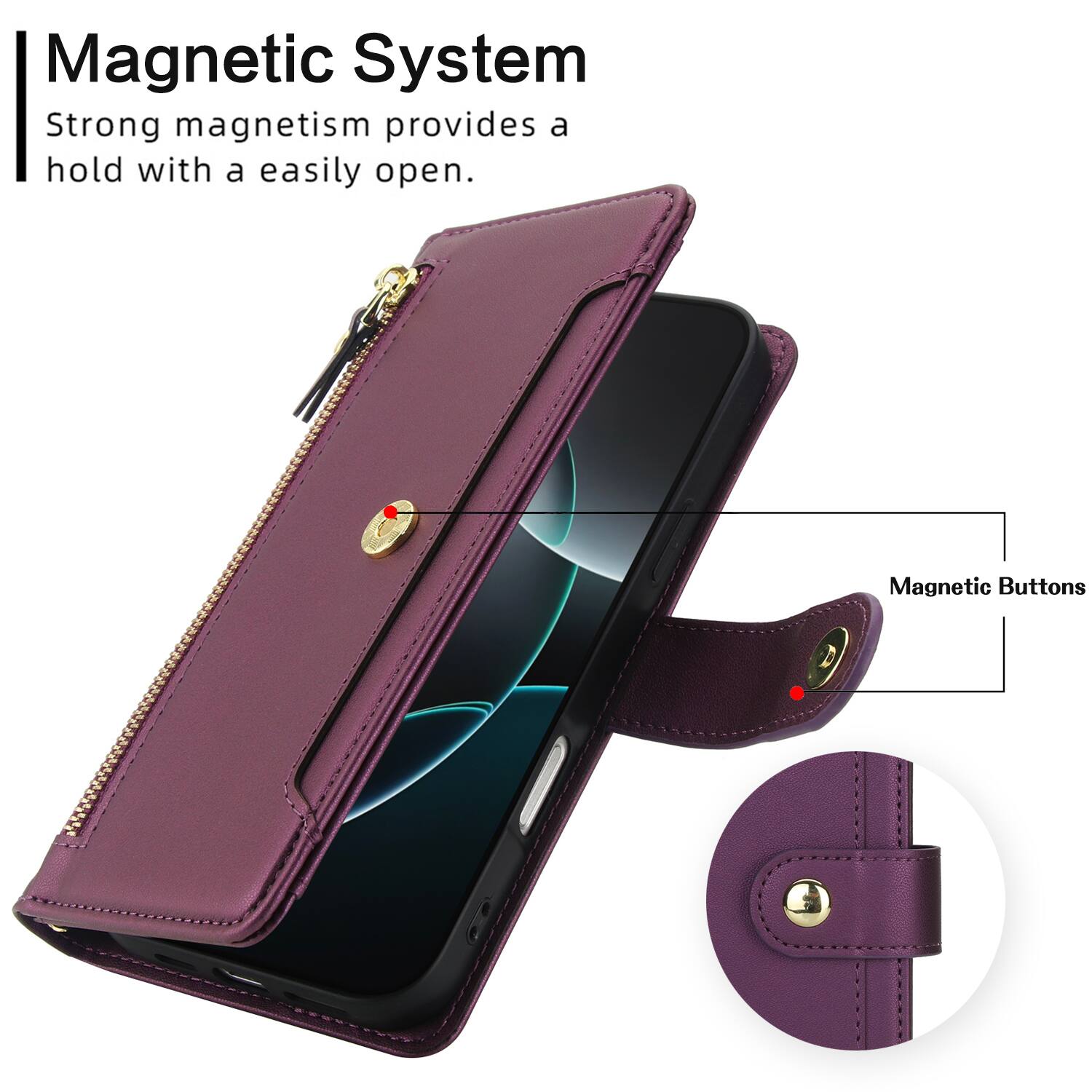 Magnetic System  
Strong magnetism provides a hold with a easily open.  
Magnetic Buttons