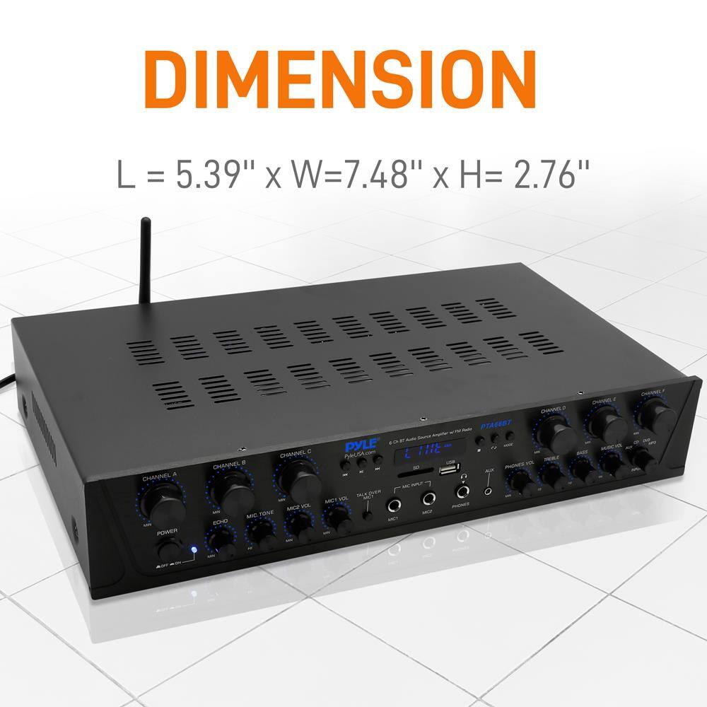 DIMENSION  
L = 5.39" x W = 7.48" x H = 2.76"  

CHANNEL A  
CHANNEL B  
CHANNEL C  
CHANNEL D  
CHANNEL E  

MIC VOL  
MIC TONE  
ECHO  
POWER  

PYLE  
USA  
PTA667  
CD/AUX  
SD  
AUX  
PHONES OUT  
MIC  
PHONES  

TALK OVER  
MIC  
PHONES  

PYLE.com