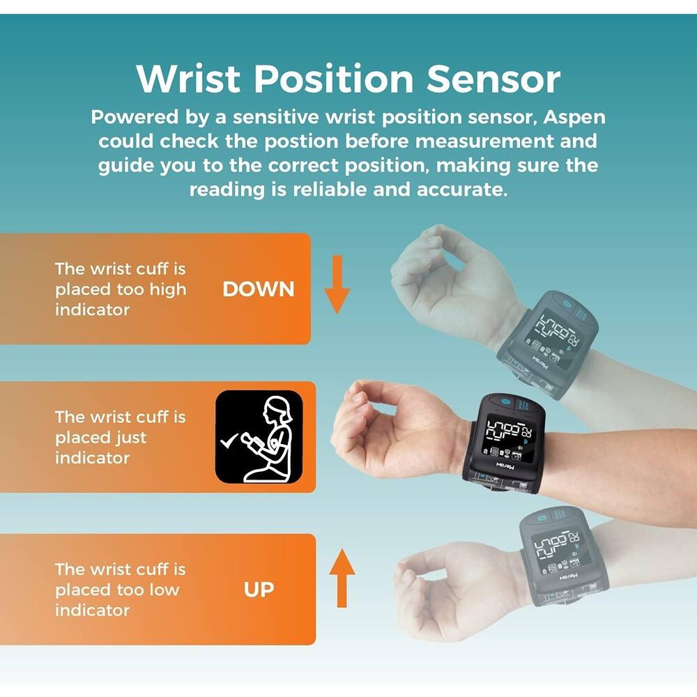 Wrist Position Sensor

Powered by a sensitive wrist position sensor, Aspen could check the position before measurement and guide you to the correct position, making sure the reading is reliable and accurate.

- The wrist cuff is placed too high indicator: DOWN
- The wrist cuff is placed just indicator: ✔️
- The wrist cuff is placed too low indicator: UP