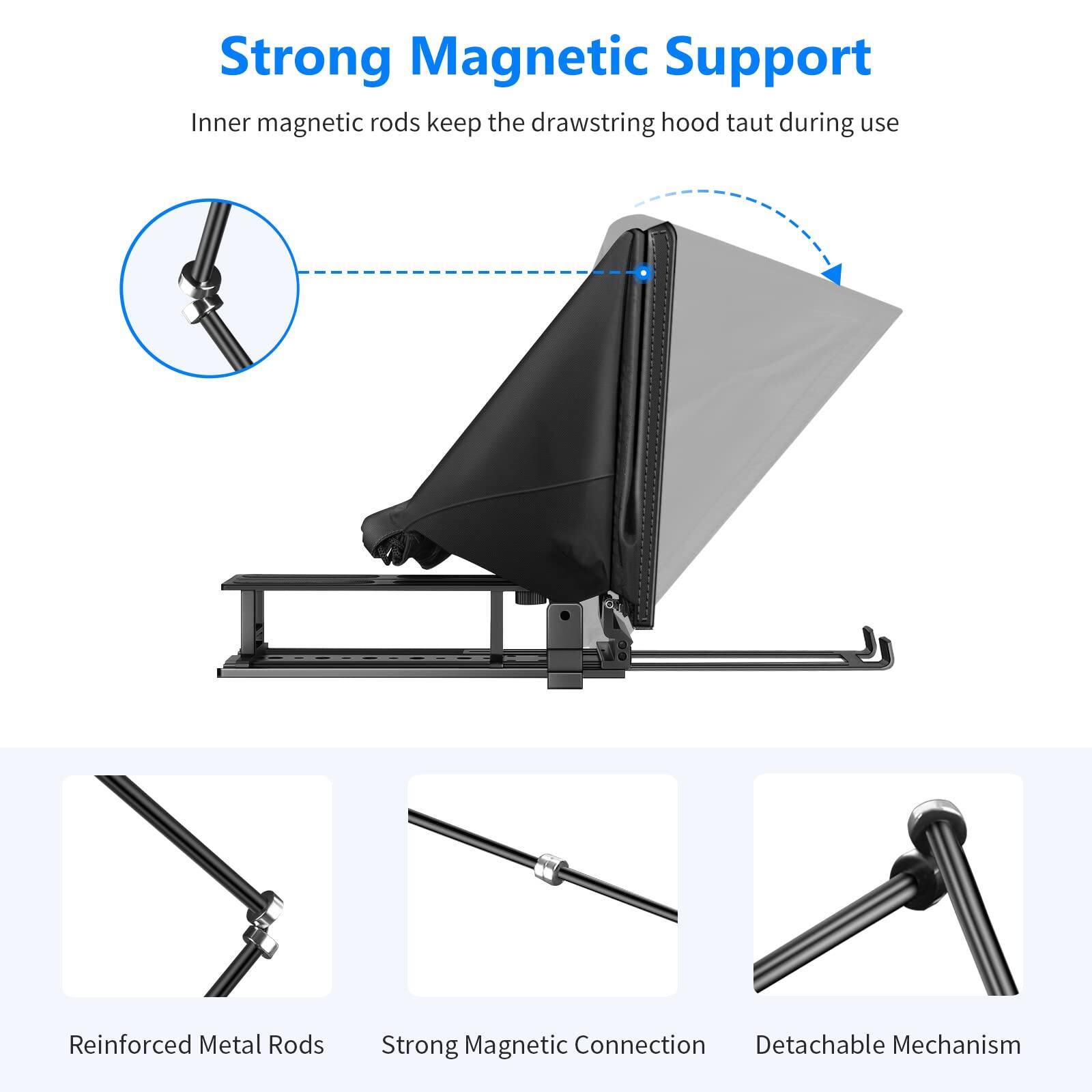Strong Magnetic Support  
Inner magnetic rods keep the drawstring hood taut during use  

Reinforced Metal Rods  
Strong Magnetic Connection  
Detachable Mechanism