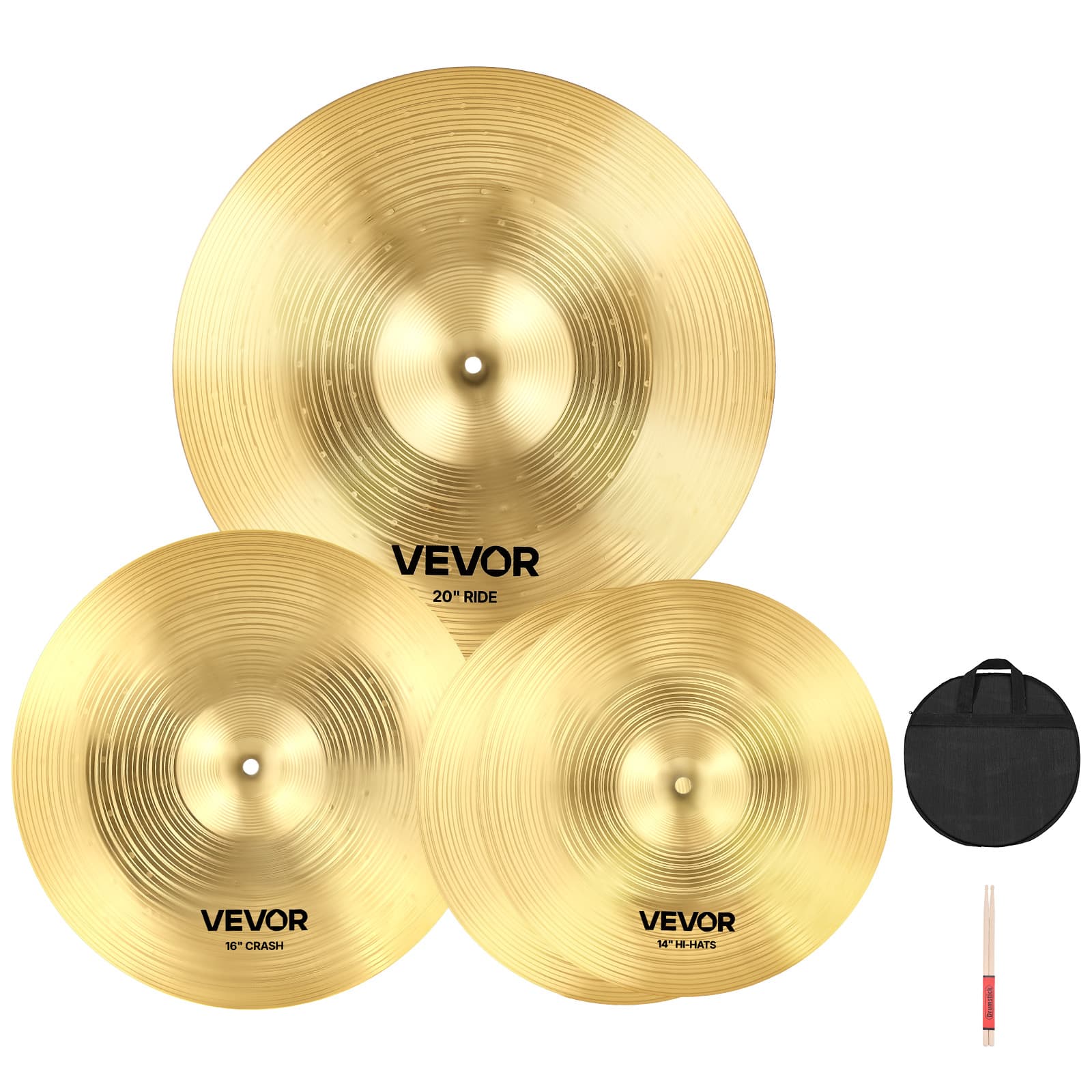 VEVOR - Cymbal Pack, 3 Pieces Cymbals for Drum Set, Alloy Cymbals Drum Set Includes 14-inch Hi-Hats, 16-inch Crash, 20-inch Ride - Bright copper price history on PriceWatchPro