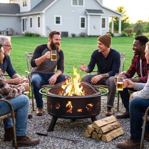 Alt View 9. Winado - 30in Metal Fire Pit Stove, Portable Round Wood Burning with Cover, Handle Ring for Outdoor Camping Garden Party Picnic - Black-Bear Pattern.