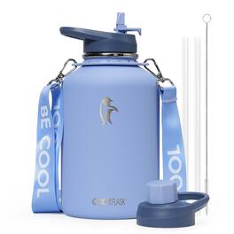 Coolflask - Insulated Water Bottle with Strap - Straw & Spout Lids - Keep Cold 48h - 64oz Light Blue