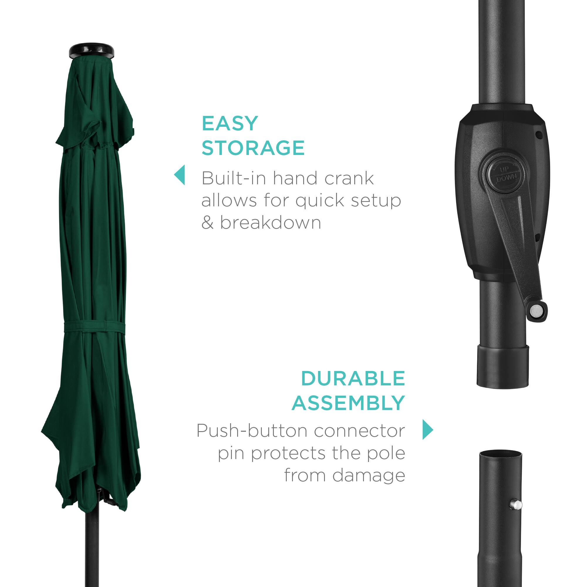 EASY STORAGE  
Built-in hand crank allows for quick setup & breakdown  

DURABLE ASSEMBLY  
Push-button connector pin protects the pole from damage