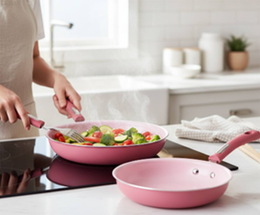 Back. Hamilton Beach - Set of 2 Aluminum Fry Pans with Ceramic Coating - Pink - Pink.