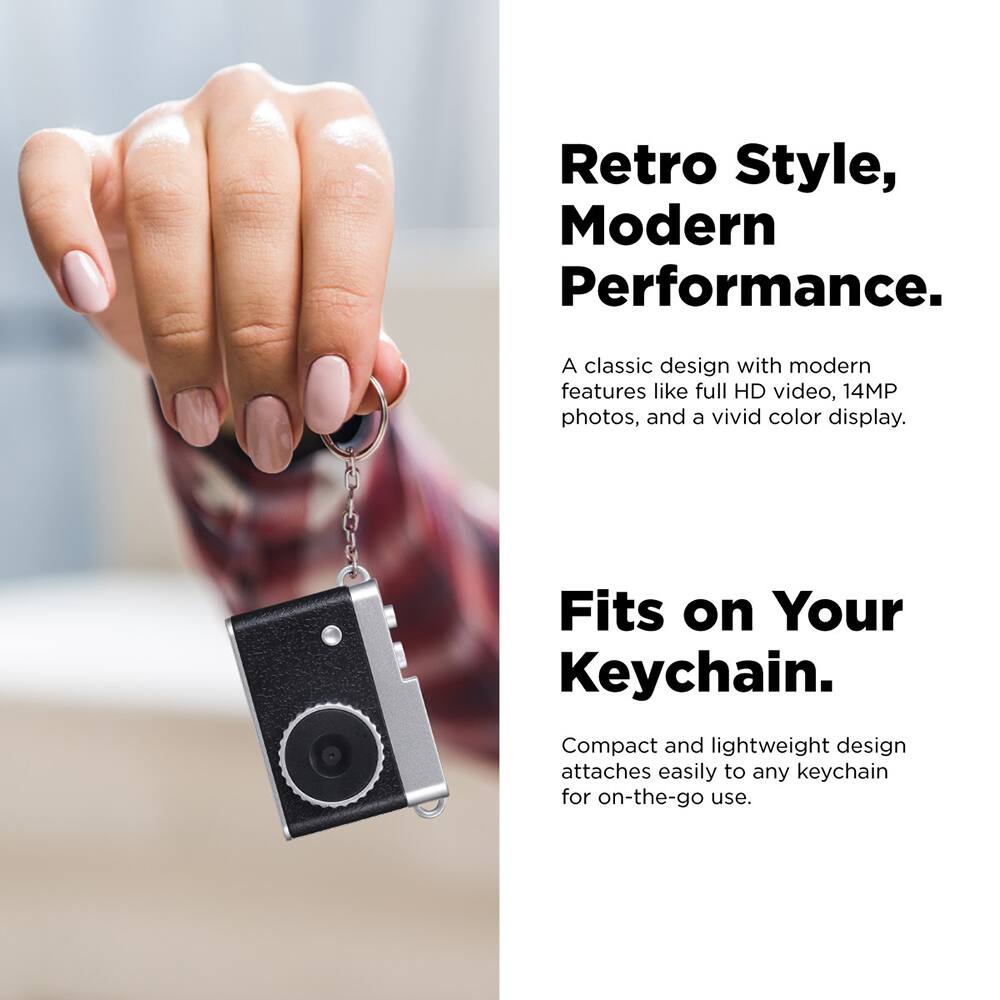 Retro Style, Modern Performance.  
A classic design with modern features like full HD video, 14MP photos, and a vivid color display.  

Fits on Your Keychain.  
Compact and lightweight design attaches easily to any keychain for on-the-go use.