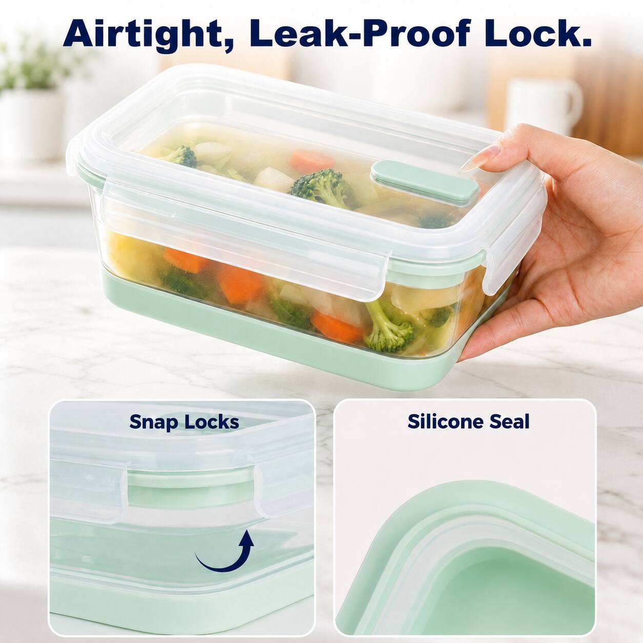Airtight, Leak-Proof Lock.

Snap Locks

Silicone Seal