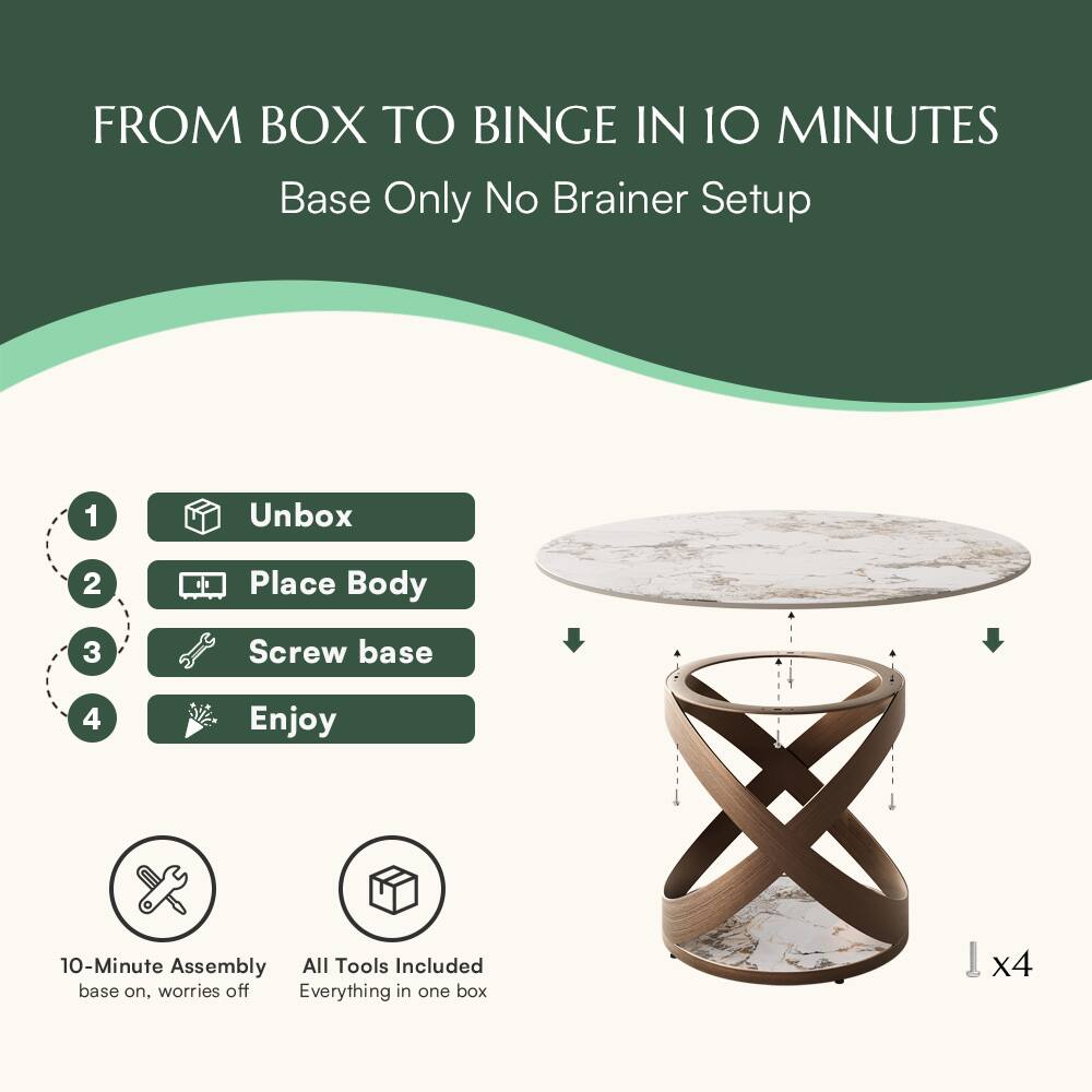 FROM BOX TO BINGE IN 10 MINUTES  
Base Only No Brainer Setup  

1. Unbox  
2. Place Body  
3. Screw base  
4. Enjoy  

10-Minute Assembly  
base on, worries off  

All Tools Included  
Everything in one box  

x4