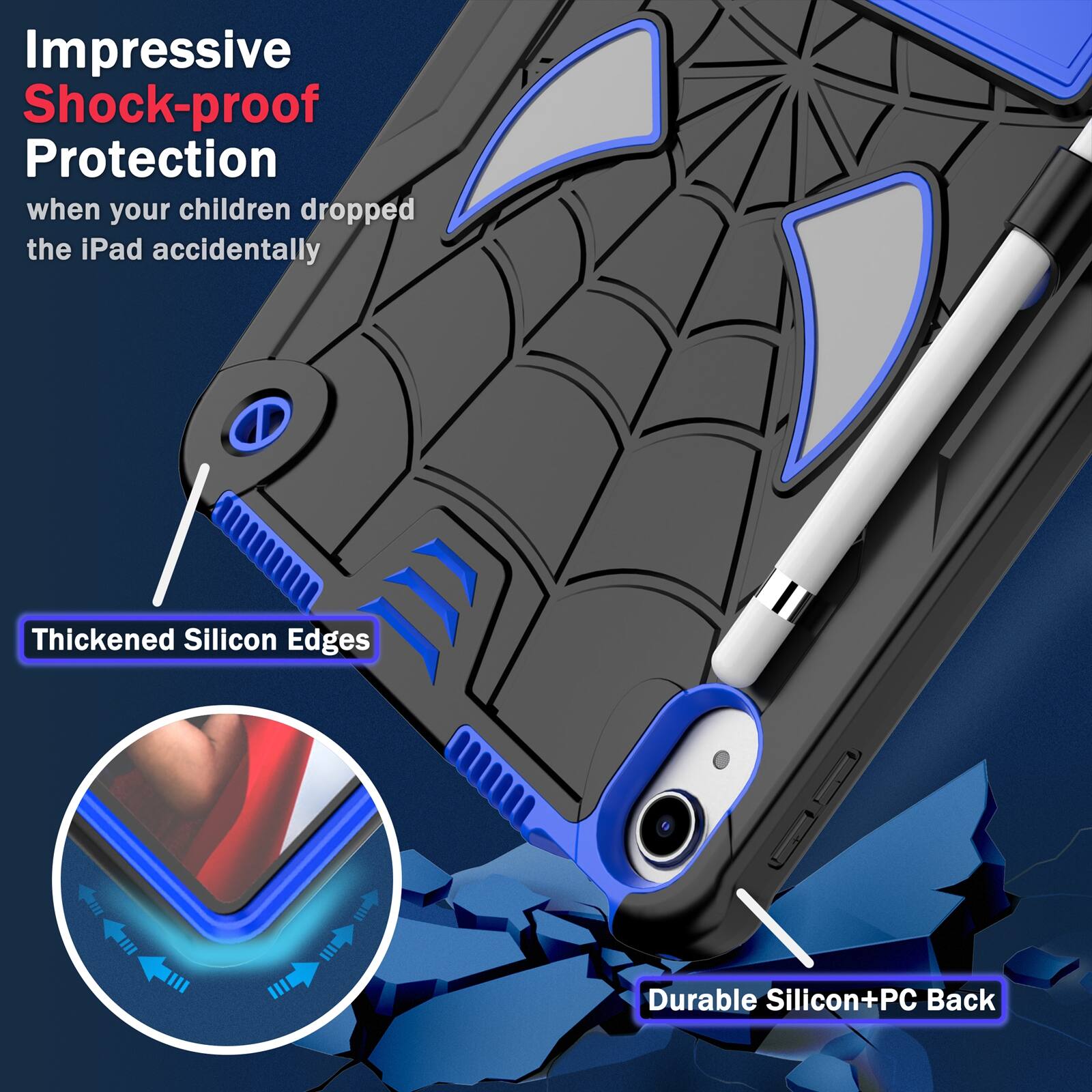 Impressive Shock-proof Protection when your children dropped the iPad accidentally

Thickened Silicon Edges

Durable Silicon+PC Back