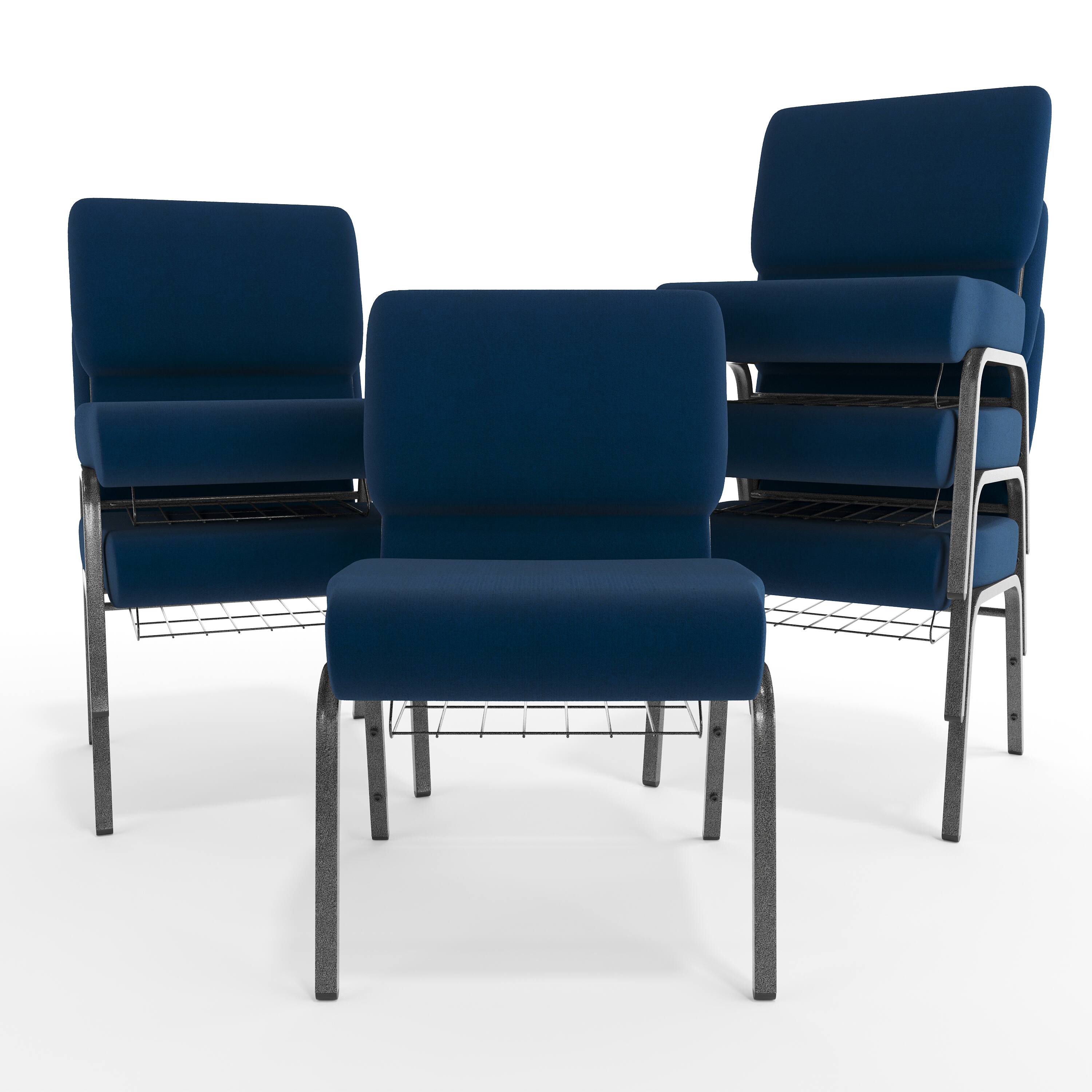 Alt View 10. Emma + Oliver - 21"W Church/Reception Guest Chair with Communion Cup Book Rack - Navy Blue Fabric/Silver Vein Frame.