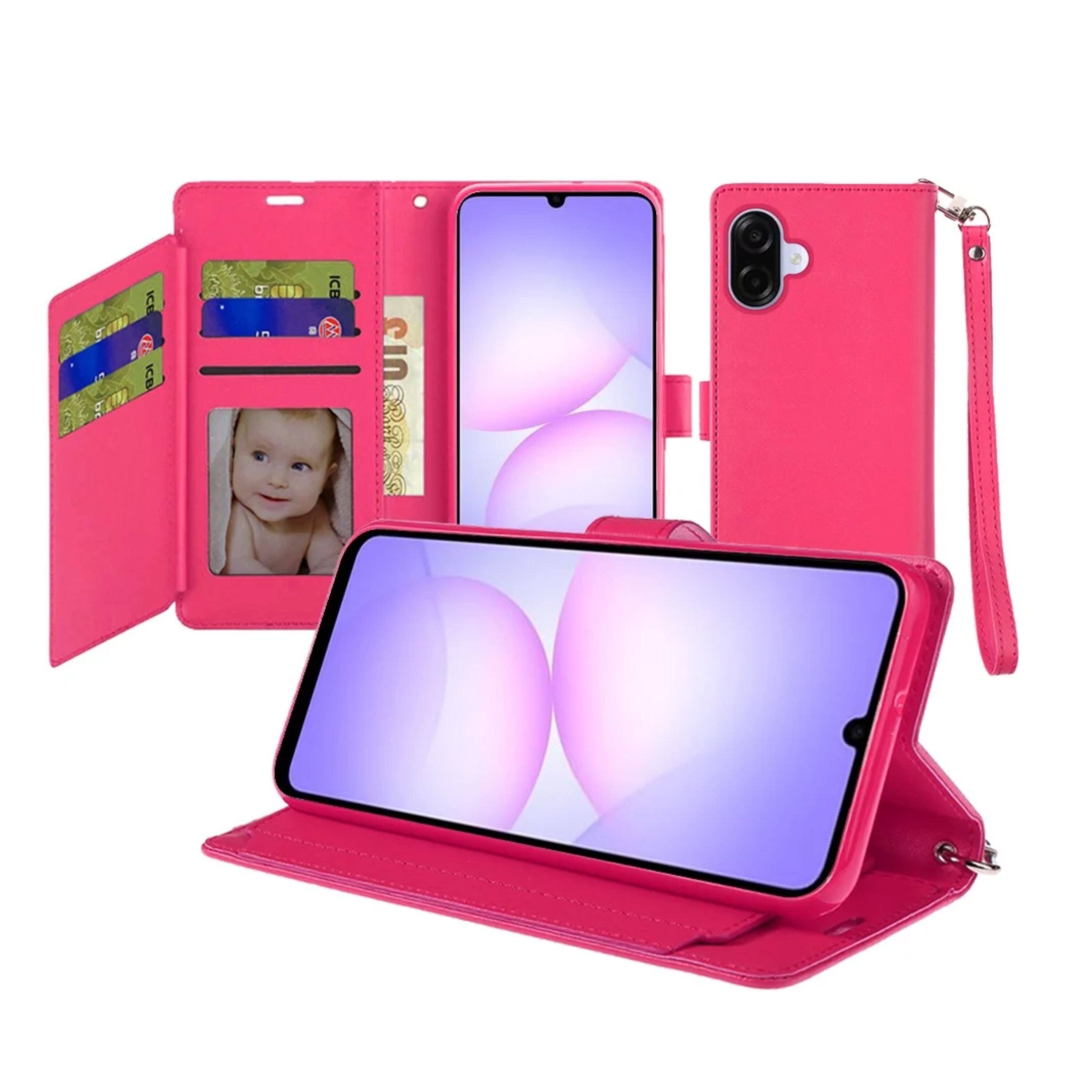 Angle. Kitcheniva - PU Leather Phone Wallet Case With Wrist Strap Tempered Glass For Samsung Galaxy A07 Hot Pink - Hot Pink.