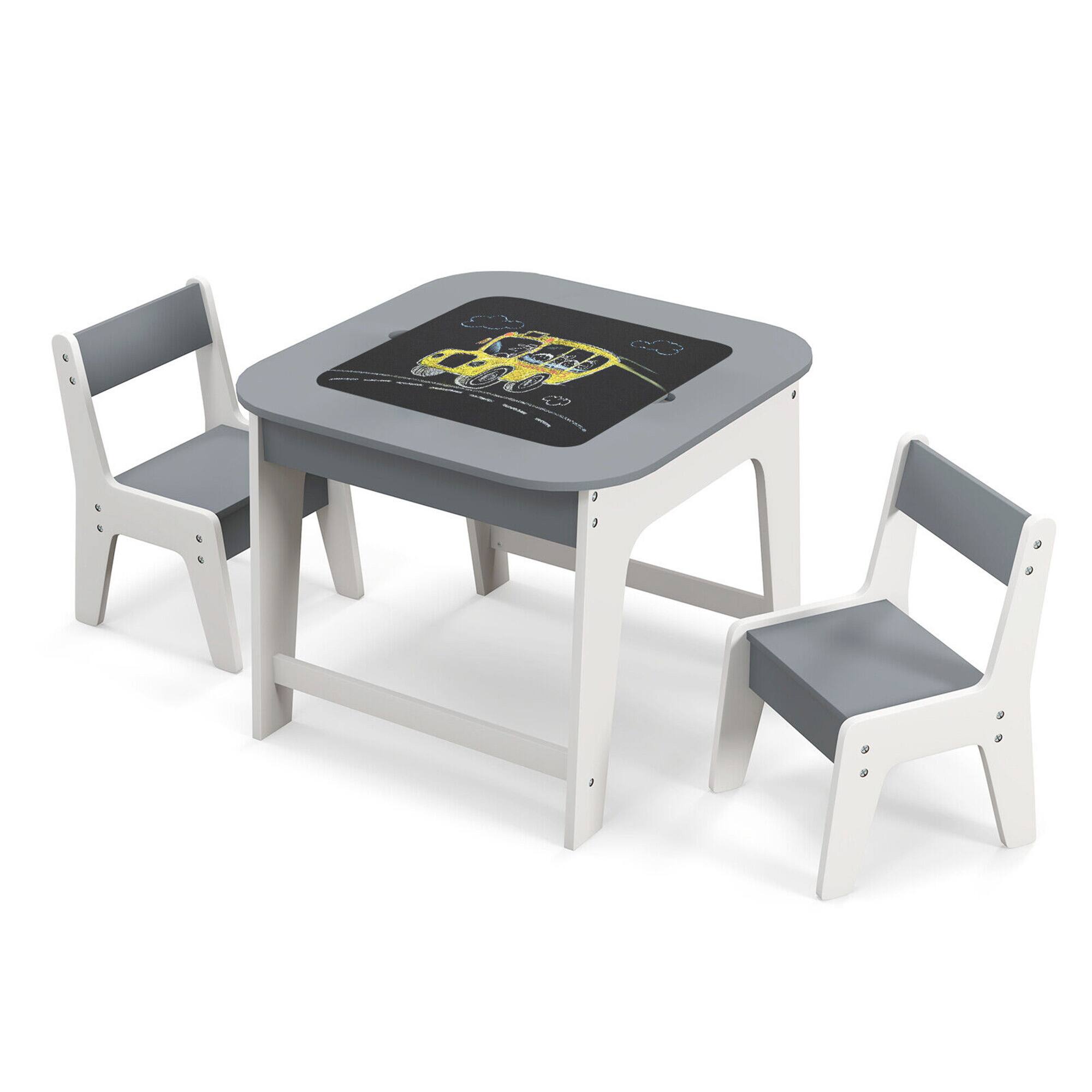 Alt View 8. Gymax - Gymax 3-in-1 Kids Wooden Table & 2 Chairs Set w/ Storage Detachable Blackboard Drawing - Grey.
