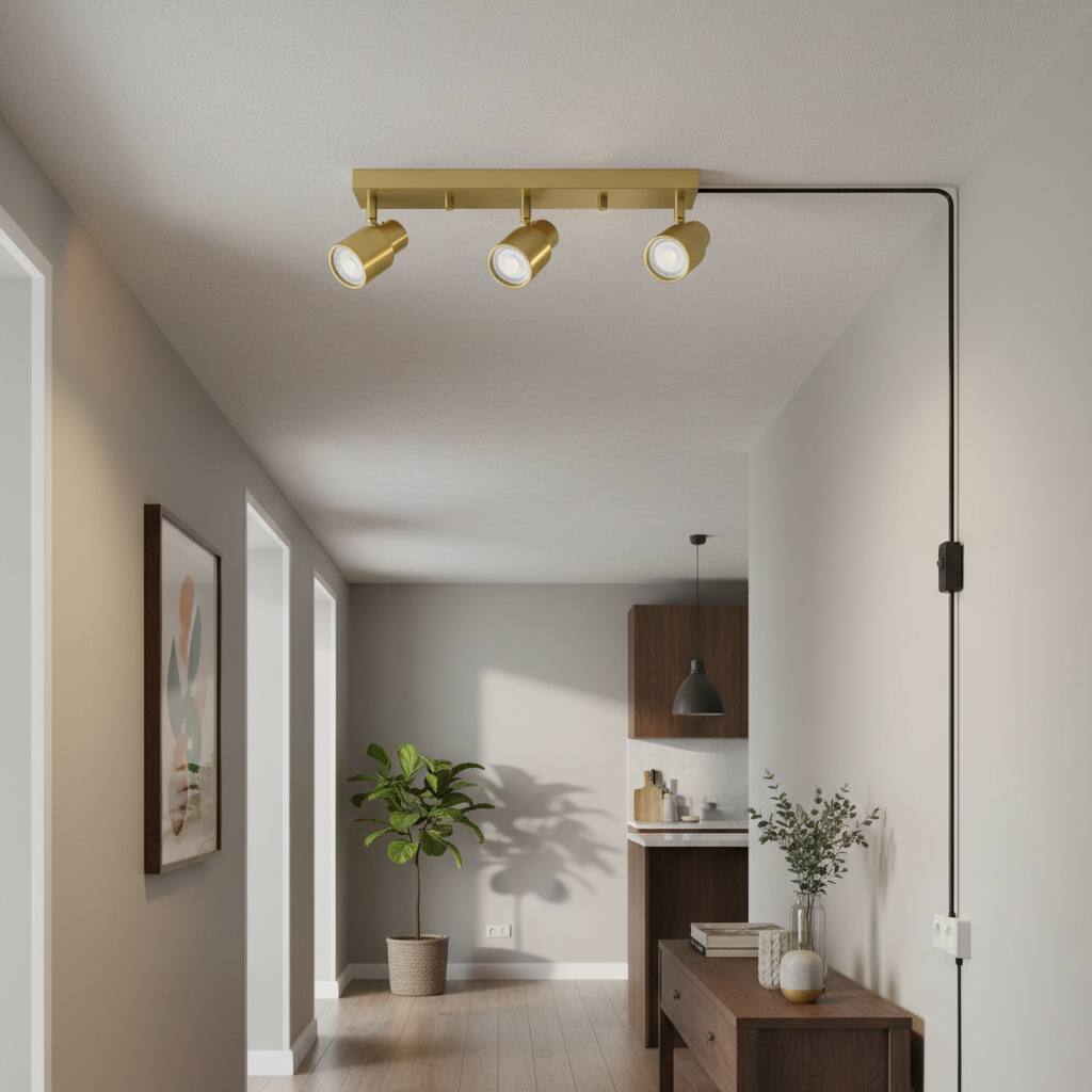 Back. Dazzed Corner - Plug-in LED Track Lighting, 3-Light Gold Ceiling Spotlight - Gold.