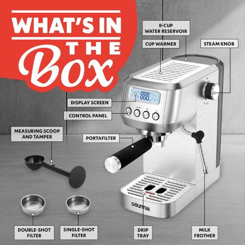 WHAT'S IN THE BOX

- 8-CUP WATER RESERVOIR
- CUP WARMER
- DISPLAY SCREEN
- CONTROL PANEL
- MEASURING SCOOP AND TAMPER
- PORTAFILTER
- DOUBLE-SHOT FILTER
- SINGLE-SHOT FILTER
- DRIP TRAY
- MILK FROTHER
- STEAM KNOB