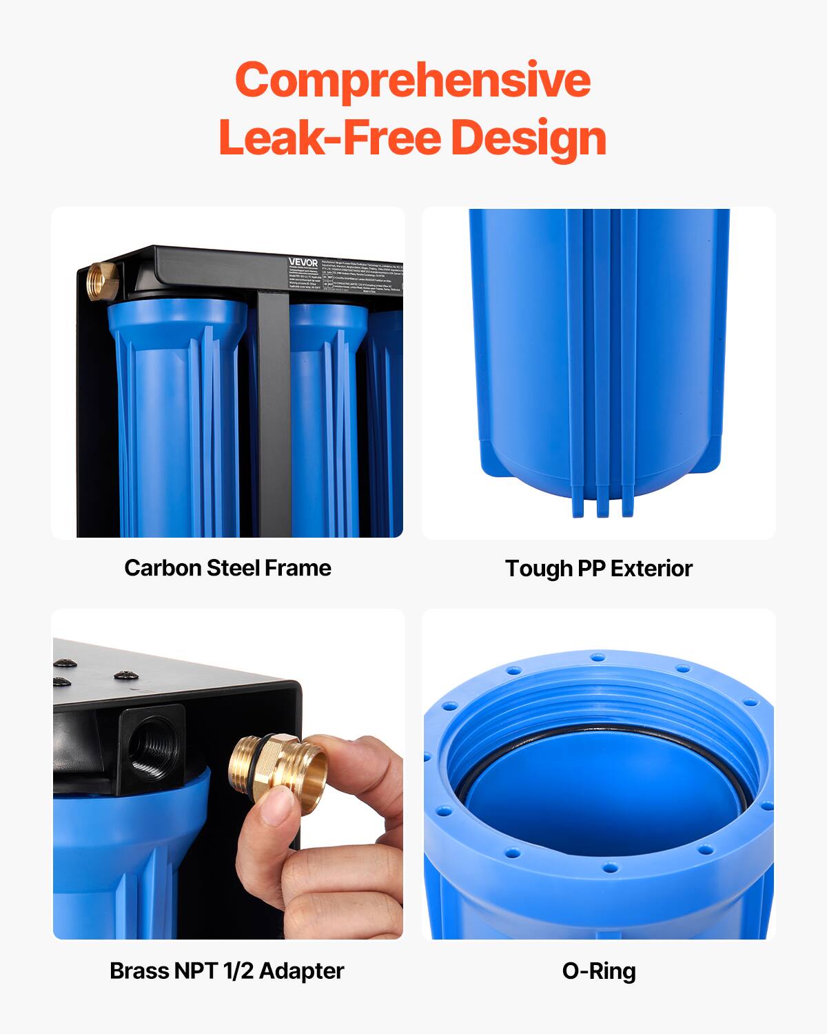 Comprehensive Leak-Free Design

VEVOR

Carbon Steel Frame

Tough PP Exterior

Brass NPT 1/2 Adapter

O-Ring