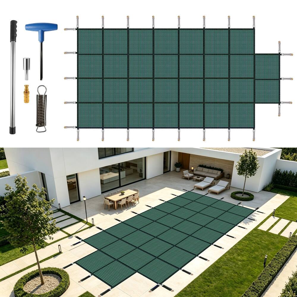 Alt View 2. Ropilly - Ropilly inground pool safety cover, 16x32 winter pool cover with center step, Green Mesh.