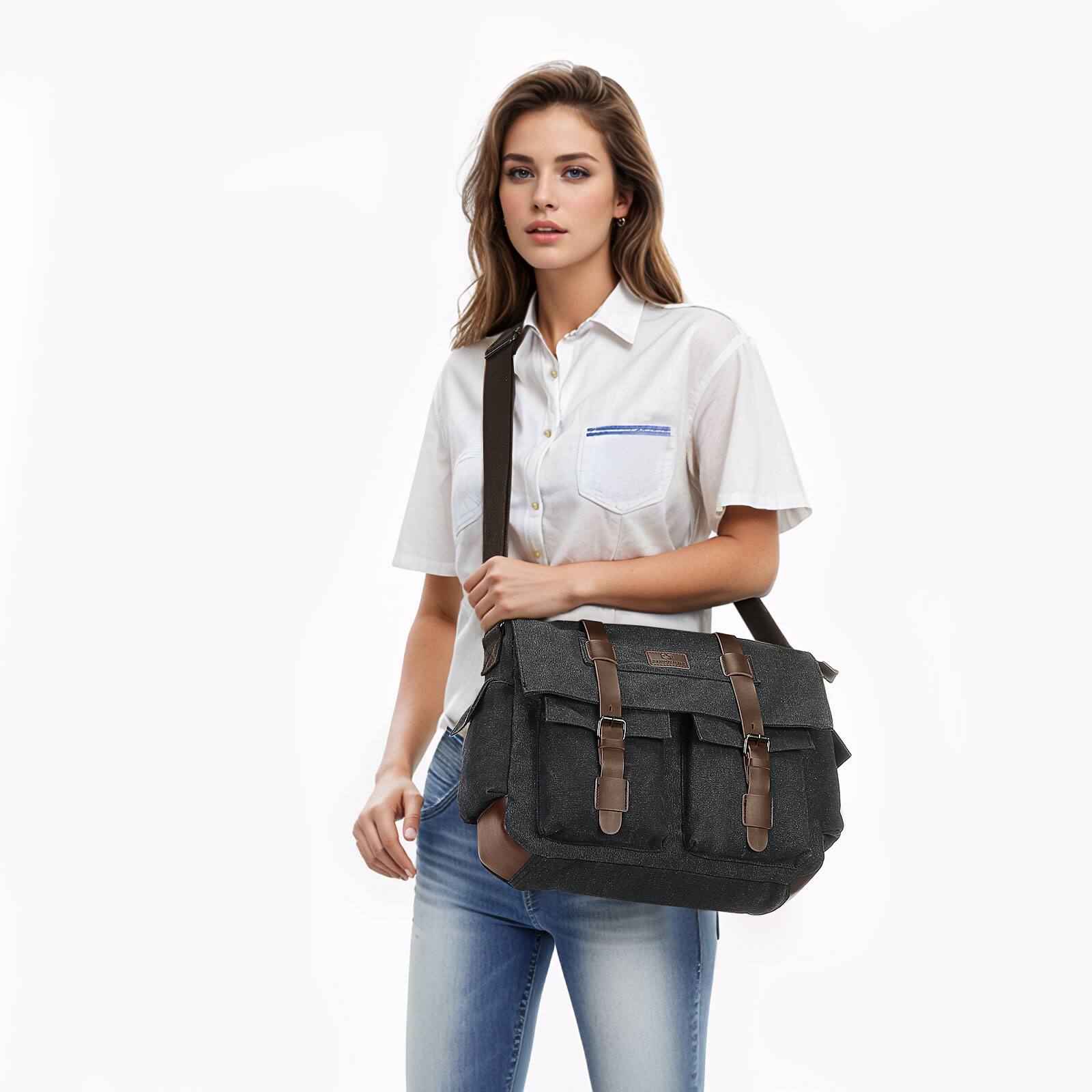 Alt View 5. Unique Bargains - Canvas Crossbody Bag for Men and Women, Vintage Shoulder Bag, Multiple Pockets, Fits 13" Laptops - Black.