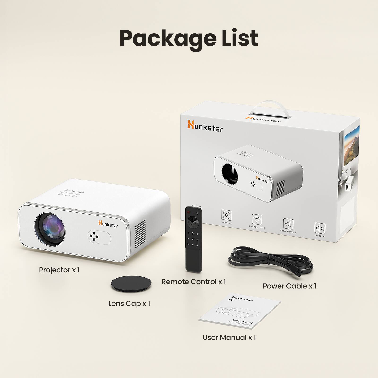 Package List

- Hunkstar Projector x 1
- Remote Control x 1
- Power Cable x 1
- Lens Cap x 1
- User Manual x 1